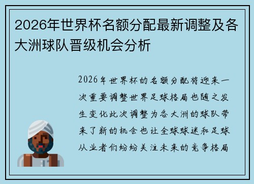 2026年世界杯名额分配最新调整及各大洲球队晋级机会分析